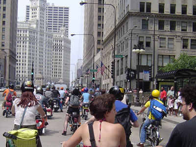 A swarm of mopeds on Michigan Avenue