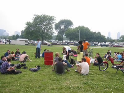 Moped Army members hanging out at Montrose Beach